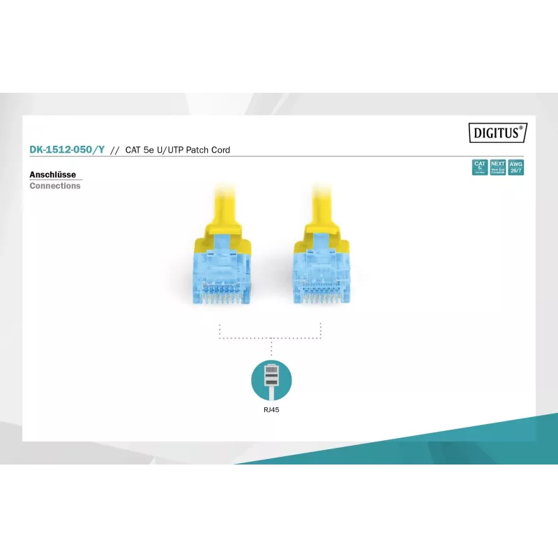 Plākstera vads Digitus CAT 5e U/UTP DK-1512-050/Y 5m Dzeltens