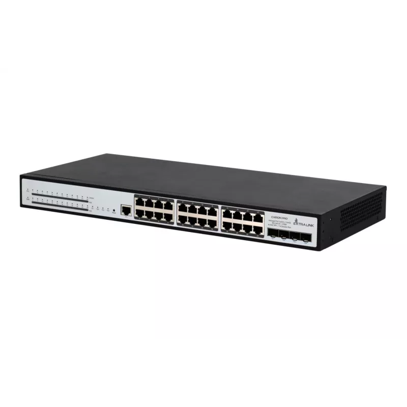 Pārvaldāms komutators Extralink Chiron Pro 24x RJ45 1000Mb/s PoE 4x SFP+ L3 370W