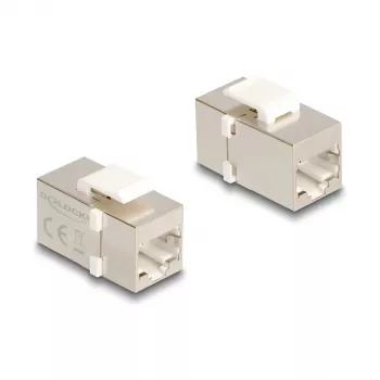 Keystone modulis DELOCK 90637 — plakans RJ-45, sudrabains/baltas, 16,1×29,9×20,7 mm
