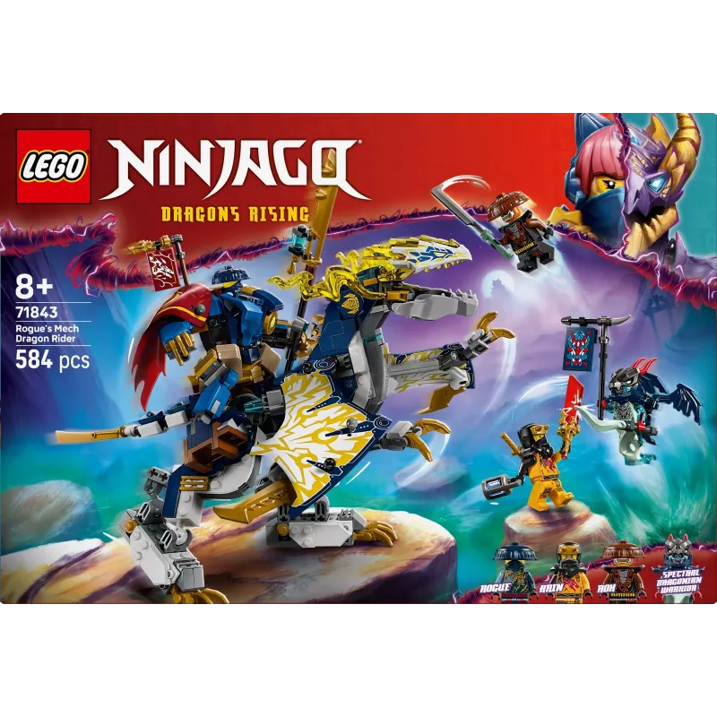 LEGO NINJAGO komplekts 71843 Rogue’s Mech Dragon Rider — 584 gab., 4 minifigūras, modeļa augstums 190 mm
