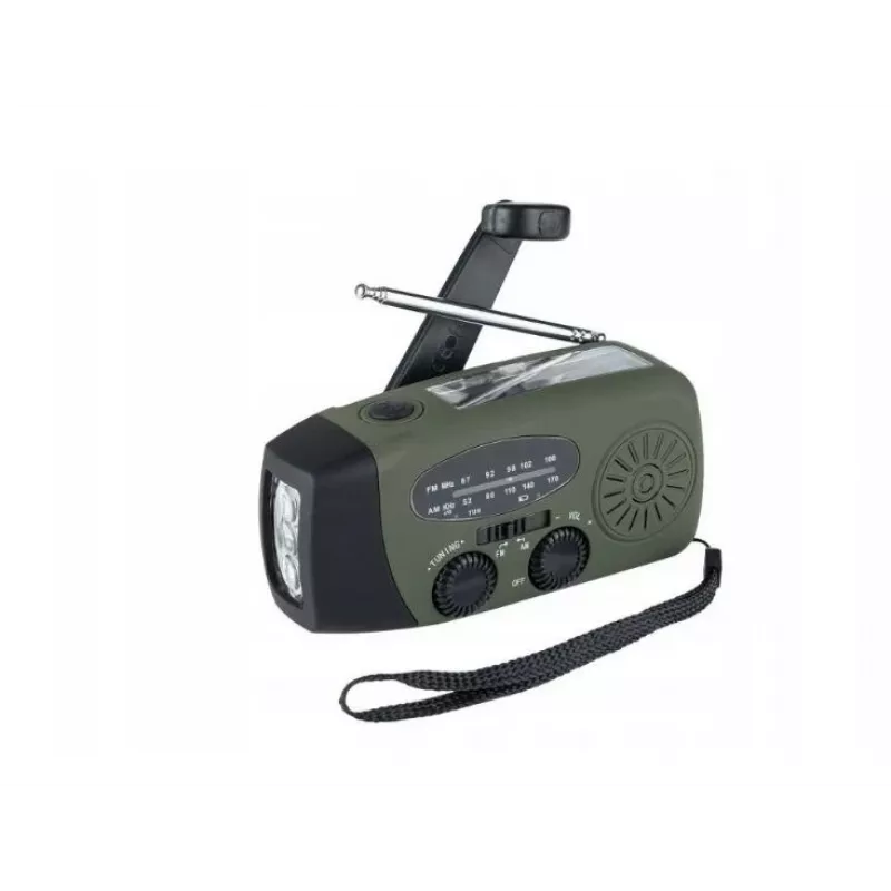 Avārijas radio FOSCO 464600 ar LED lukturīti, ārējo akumulatoru, FM, IPX3, saules/manuālo/USB-C uzlādi — zaļš/melns