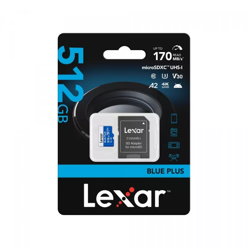 MicroSDXC atmiņas karte Lexar BLUE PLUS 512 GB, UHS‑I, lasīšanas ātrums 170 MB/s, U3/V30