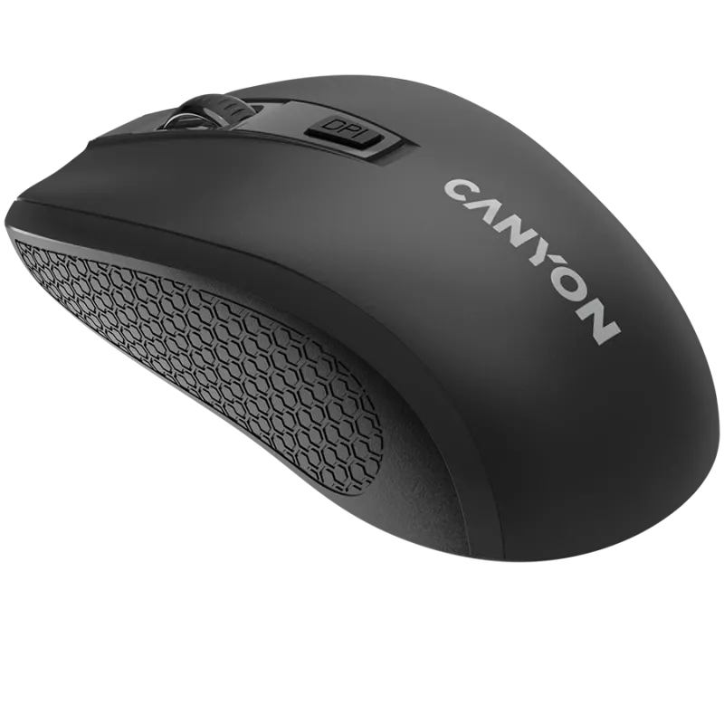 CANYON MW-7, 2,4 GHz bezvadu pele, 6 pogas, DPI 800/1200/1600, ar 1 AA bateriju, izmērs 110*60*37 mm, 58 g, melna