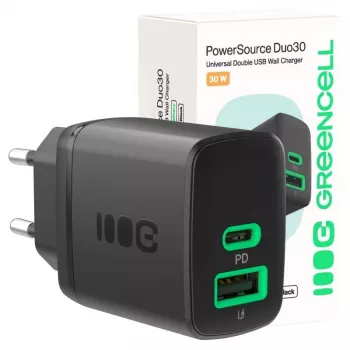 Lādētājs zaļa Cell PowerSource Duo30 – 1× USB-A, 1× USB-C, 3A