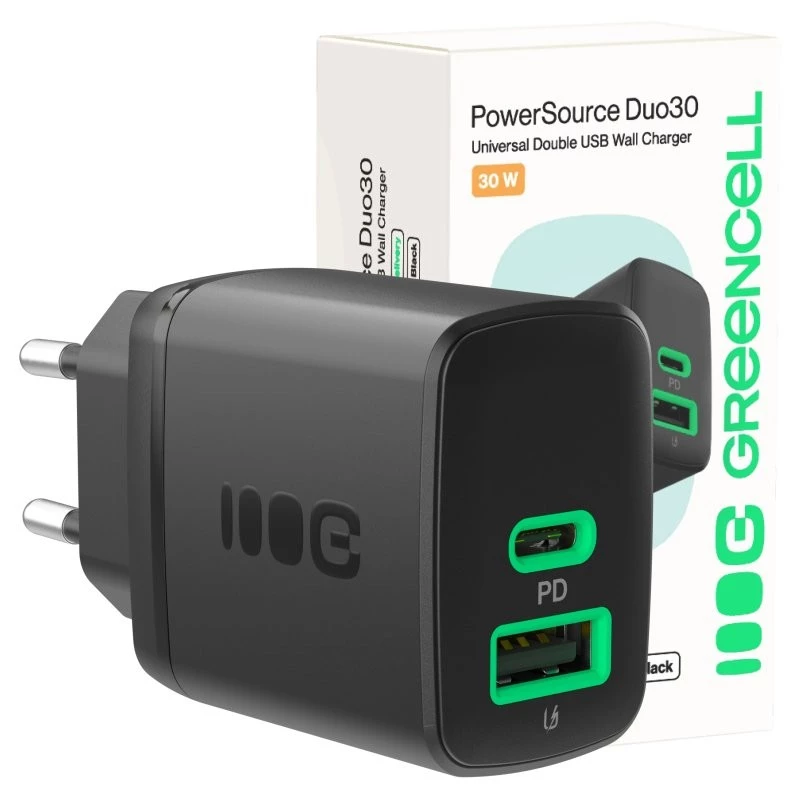 Lādētājs zaļa Cell PowerSource Duo30 – 1× USB-A, 1× USB-C, 3A