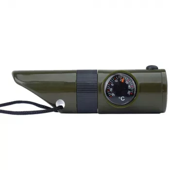 Daudzfunkcionāla izdzīvošanas svilpe Mil-Tec SP.22073 — 6-in-1 olīvzaļa, kompass, termometrs, spogulis, palielināmais stikls, gaisma, 100×35×30 mm