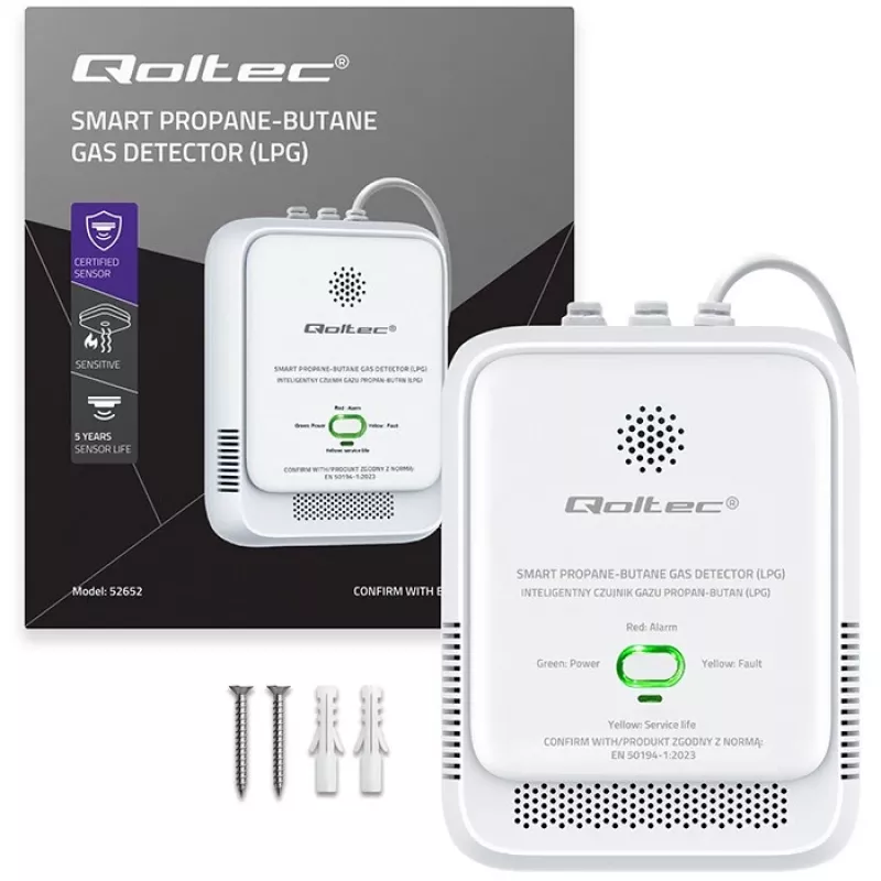 Gāzes noplūdes sensors QOLTEC 52652 — propāna/butāna (LPG) detektors, 85 dB trauksme, LED indikators