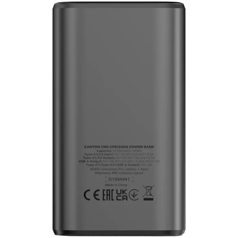 Pārnēsājams barošanas bloks CANYON OnPower 130 TFT 10000 mAh