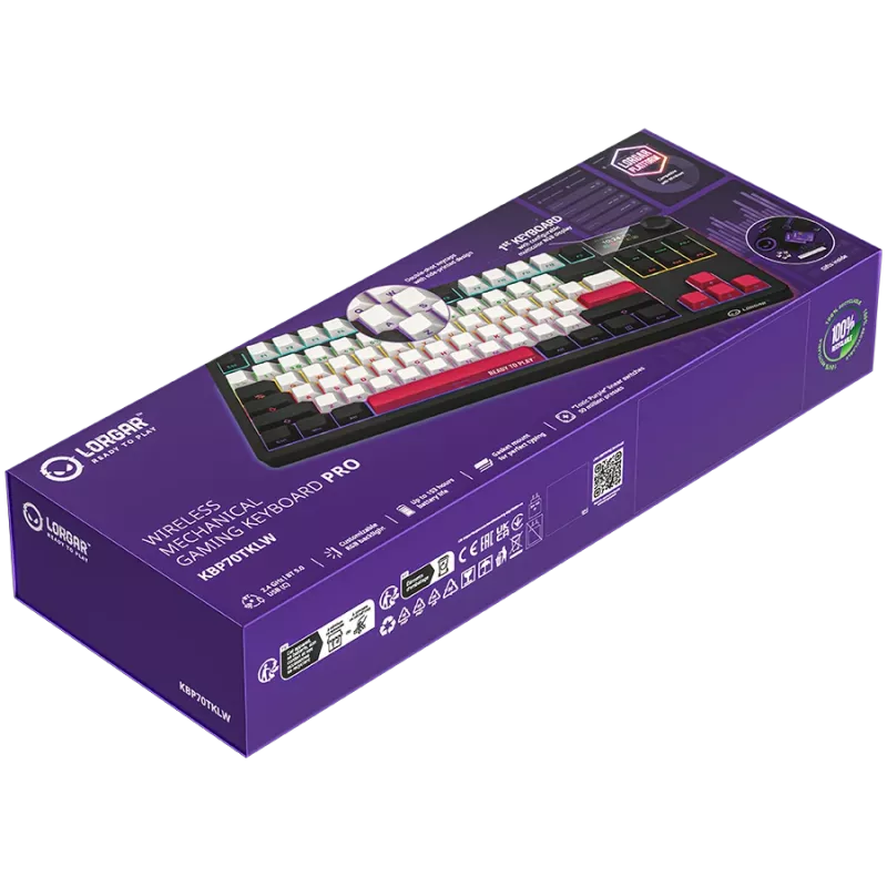 LORGAR KBP70TKLW, bezvadu TKL mehāniskā spēļu tastatūra Pro, melna/sarkana, EN izkārtojums