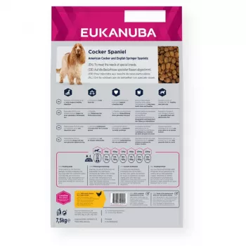 Sausā suņu barība EUKANUBA Breed Specific Cocker Spaniel 7.5 kg — vista, pieaugušiem, ādai un apmatojumam, sirds atbalstam