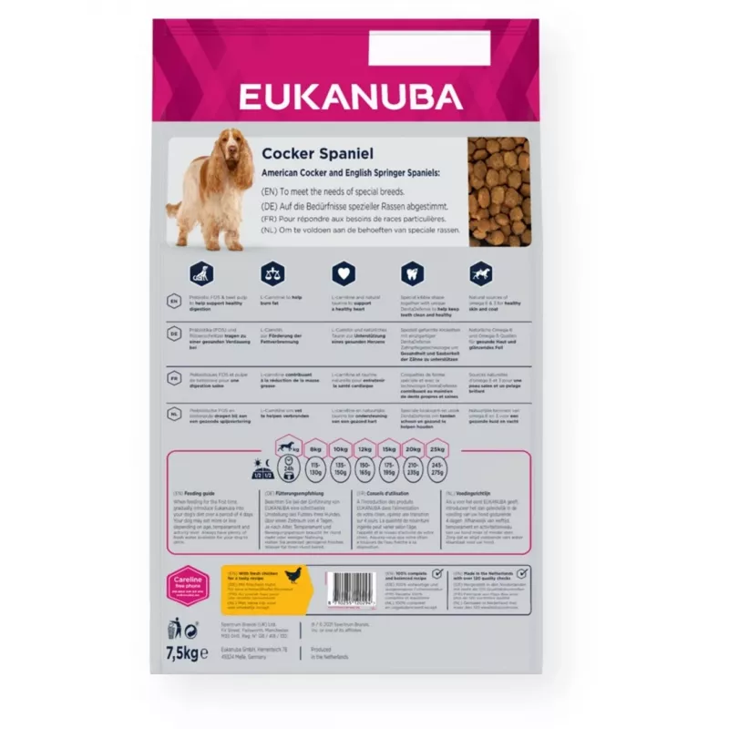 Sausā suņu barība EUKANUBA Breed Specific Cocker Spaniel 7.5 kg — vista, pieaugušiem, ādai un apmatojumam, sirds atbalstam