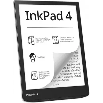 E-grāmatu lasītājs PocketBook InkPad 4 7,8 collu E Ink Carta, 32 GB, Wi‑Fi, melns/sudrabains