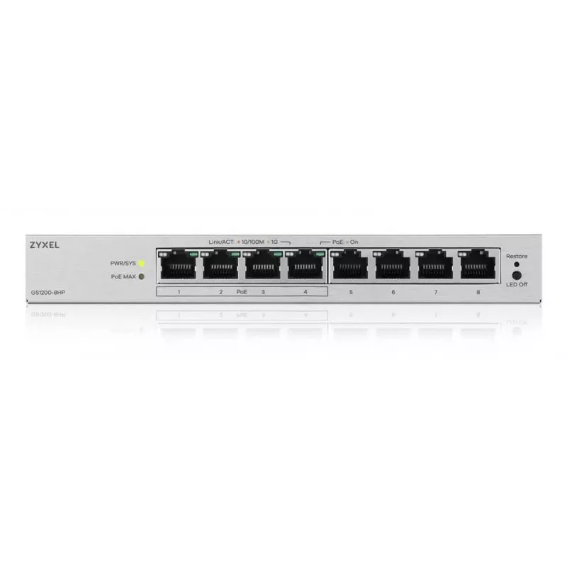 Zyxel GS1200-8HPV3 pārvaldāms L2 līmeņa Gigabit Ethernet (10/100/1000) slēdzis ar PoE atbalstu, pelēks, galda tipa