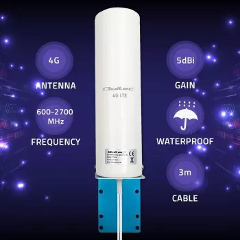 Āra visvirzienu 4G LTE antena QOLTEC 57044, 5 dBi, 600–2700 MHz, 50 W, 50 Ω, balta vara korpuss
