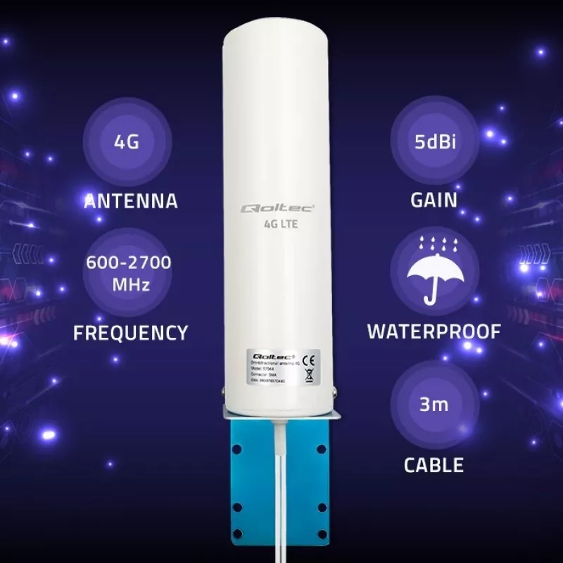 Āra visvirzienu 4G LTE antena QOLTEC 57044, 5 dBi, 600–2700 MHz, 50 W, 50 Ω, balta vara korpuss