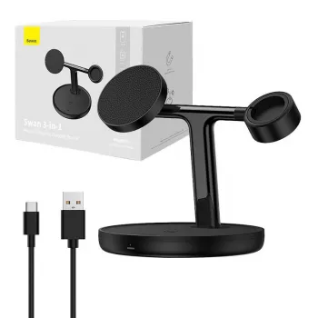 Baseus Swan 3-in-1 bezvadu magnētiskās uzlādes kronšteins 20 W melns (universālā versija; komplektā: USB–Type-C 3 A 1 m)
