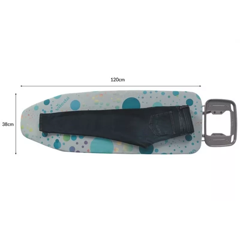 Pilna izmēra gludināmais dēlis Vileda — pilna izmēra nerūsējošā tērauda kājas 1200×380 mm dēlis augstums 75–96 cm salokāms gludekļa turētājs