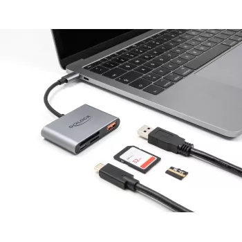 Delock 91016 USB-C karšu lasītājs SD un microSD kartēm ar USB-A pieslēgvietu un USB-C PD