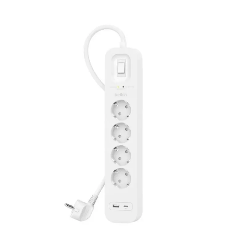 Pārsprieguma aizsargs Belkin SRB001VF2M-V2 — 4 rozetes, USB-C un USB-A porti, 2 m kabelis