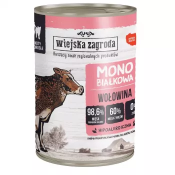 Slapjā kaķu barība wiejskazagroda Monoprotein Beef 400 g — pilnvērtīga konservēta diēta pieaugušiem kaķiem, olbaltumvielas 12,1%, tauki 7,1%, mitrums 76,9%