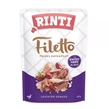 Slapjā suņu barība RINTI Filetto vistas fileja ar pīļu sirdīm, 100 g paciņa, pilnvērtīga barība, 14% olbaltumvielu, 1% tauku, 82% mitruma