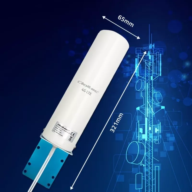Āra visvirzienu 4G LTE antena QOLTEC 57044, 5 dBi, 600–2700 MHz, 50 W, 50 Ω, balta vara korpuss