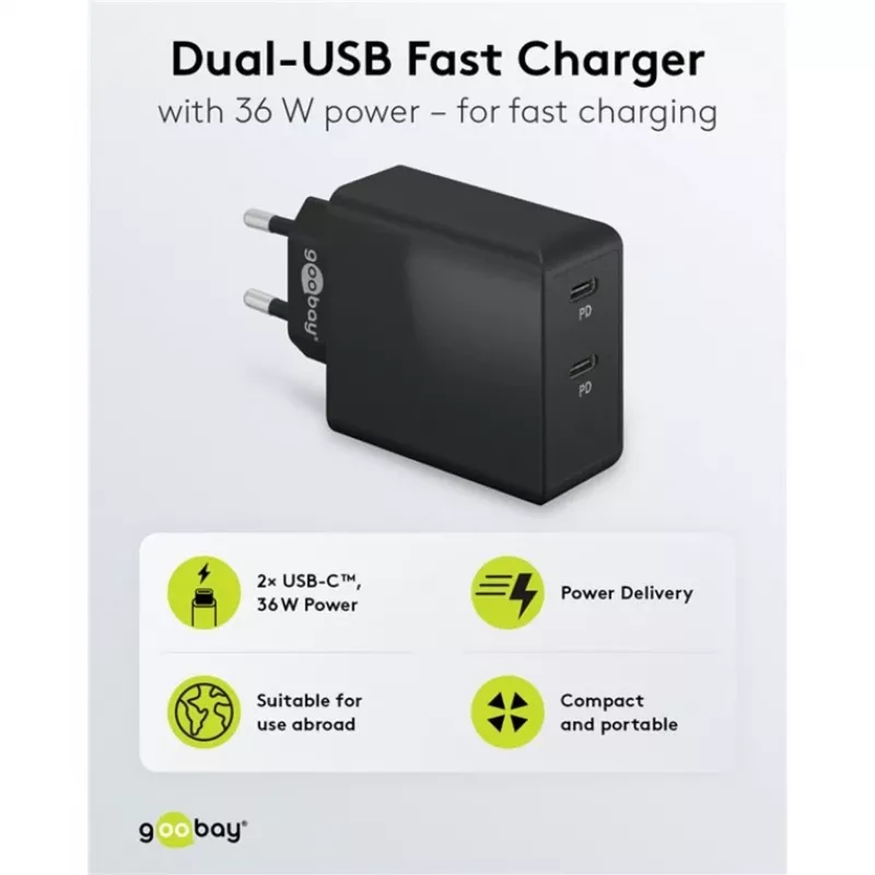 Iekštelpu lādētājs Goobay 61757 ātrā uzlāde USB Type-C 2 pieslēgvietas melns