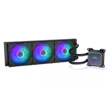 Universāls šķidruma dzesētājs ENDORFY Navis F360 ARGB melns — 360 mm radiators, 3x 120×25 mm ventilatori, 250–1800 apgr./min, sūknis 1600–2600 apgr./min, atbalsta LGA 1700/AM5/AM4