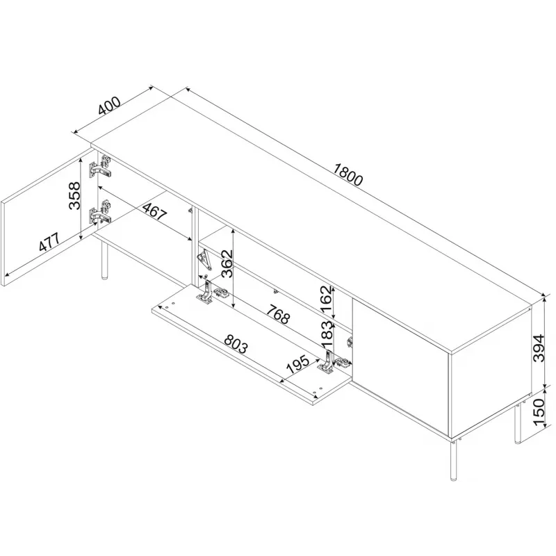 TV skapis ar kamīnu Cama Meble TRESSE 180x40x54,5 cm — melns rāmis, kašmira matēta virsma