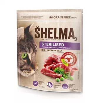 Sausā kaķu barība SHELMA Sterilised Rich in beef 750 g — pieaugušiem sterilizētiem kaķiem, 38% olbaltumvielu, 13% tauku