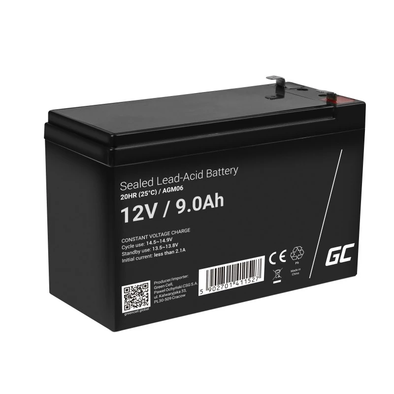 UPS akumulators zaļa Cell AGM06 — 12 V 9 Ah hermētisks svina-skābes (VRLA) 95 × 151 × 65 mm, 2,3 kg