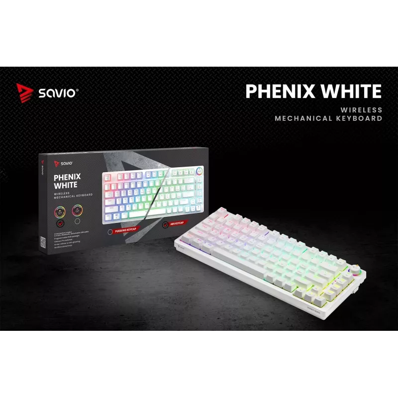 SAVIO PHENIX WHITE bezvadu mehāniskā tastatūra, Gateron Red Pro, ABS