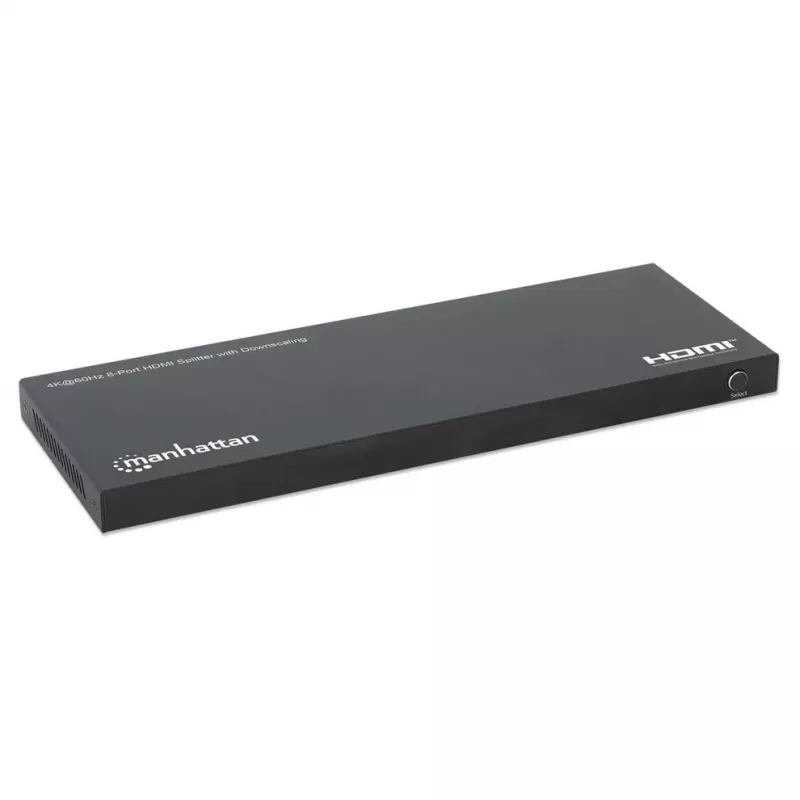 Manhattan 4K@60Hz 8 portu HDMI sadalītājs ar pazeminātu izšķirtspēju, sadala vienu HDMI ieeju astoņās HDMI izejās (1x8), 18G, EDID pārslēgs izšķirtspējas pazemināšanai, melns