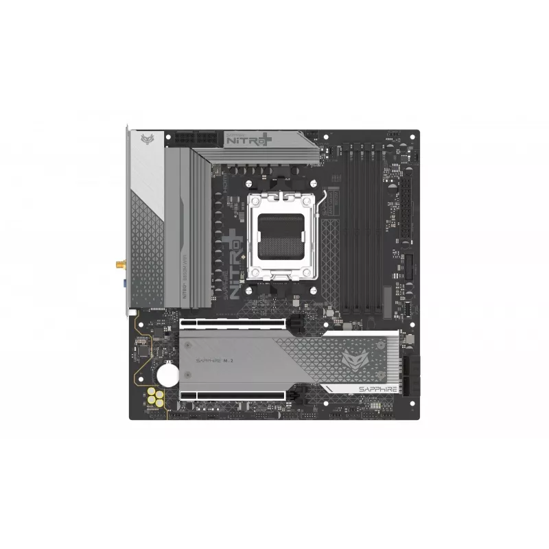 Mātesplate Sapphire NITRO+ B850M WIFI — AMD B850, ligzda AM5, micro ATX, DDR5, 4x DIMM, Wi‑Fi 6, 2.5Gb LAN, 2x M.2