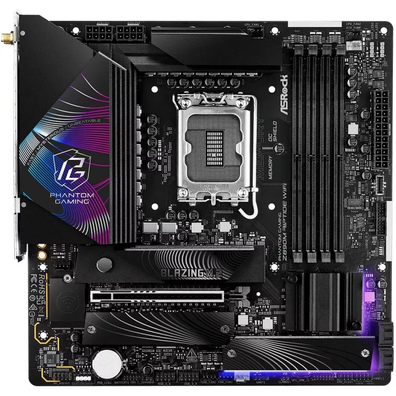 Mātesplate ASRock Phantom Gaming Z890M Riptide WiFi — Intel Z890, LGA1851, microATX, DDR5, 4x DIMM, 256GB, Wi‑Fi 6E, 2.5Gb LAN