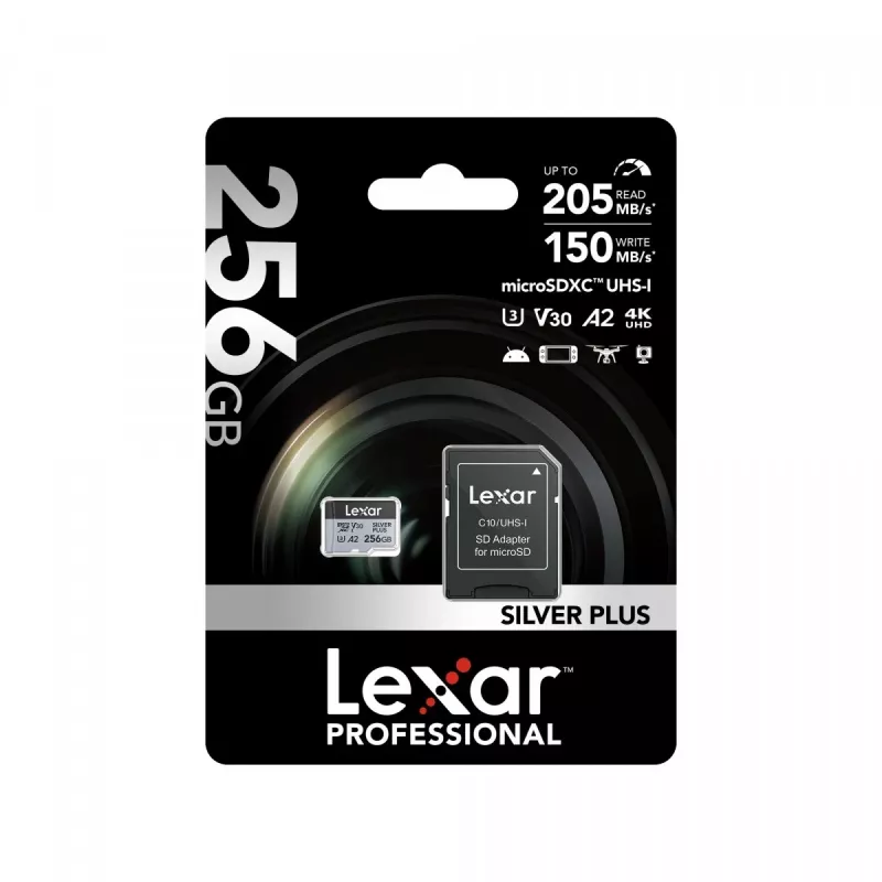 Atmiņas karte microSD 256GB C10 A2 U3 V30 205/150MB/s Silver Plus