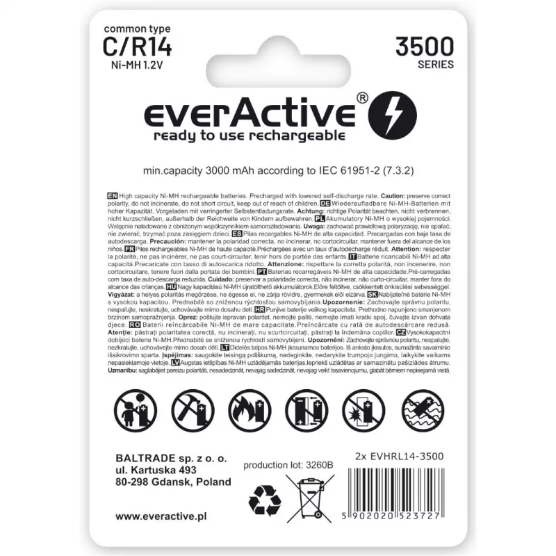 Uzlādējamās baterijas everActive R14/C Ni-MH 3500 mAh, gatavas lietošanai