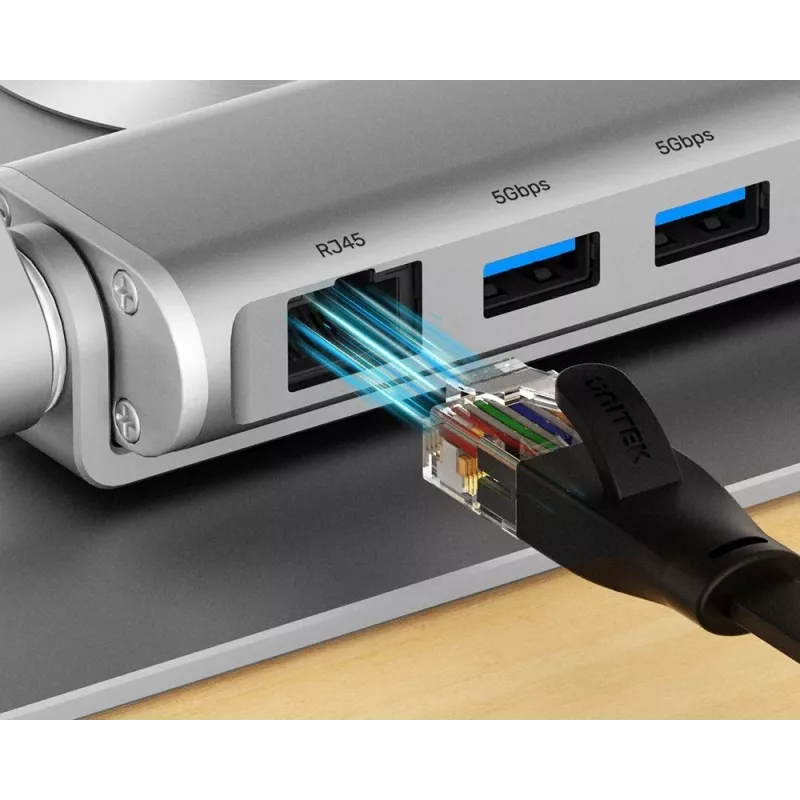 Klēpjdatora statīvs Unitek D1109B01 — alumīnija regulējams statīvs ar noņemamu USB-C HDMI 4K PD 100W, 2x USB-A, RJ-45, līdz 17 collām