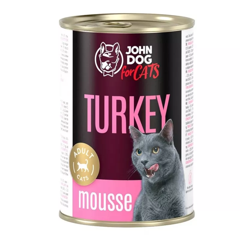 Konservēta kaķu barība john dog JD kaķiem PIEAUDZIS TĪTARA PUTAS 400 g — mitrā pilnvērtīgā barība, tītars, pieauguši, 400 g