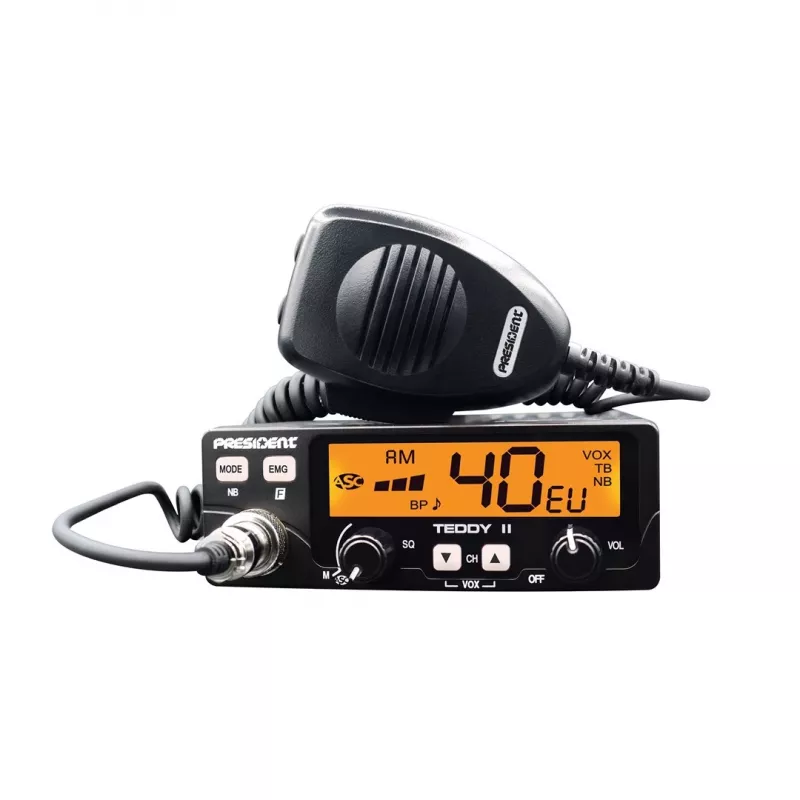 CB radio President Teddy II+ — 40 kanāli, 4W TX, 12/24V, trokšņu bloķētājs, 125×125×45 mm