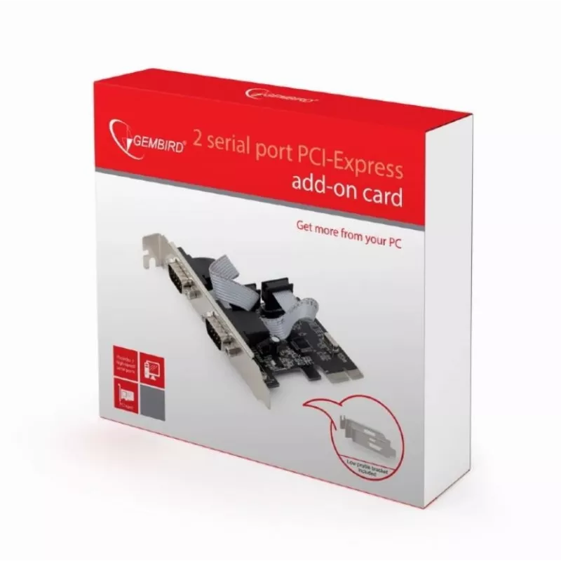 Iekšējais seriālais adapteris GEMBIRD SPC-22 PCIe RS-232 Low-profile, WCH382, 16000 Kbit/s, 67×120×20 mm, melns