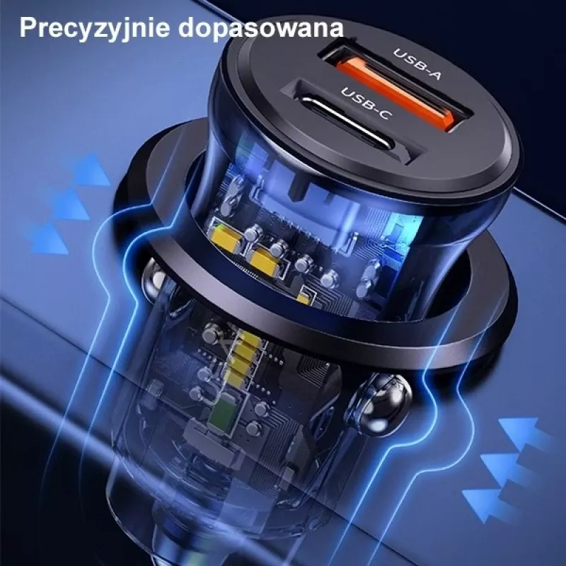 Auto lādētājs usams CC164CC01 30W ar 1×USB-A un 1×USB-C ātrai uzlādei
