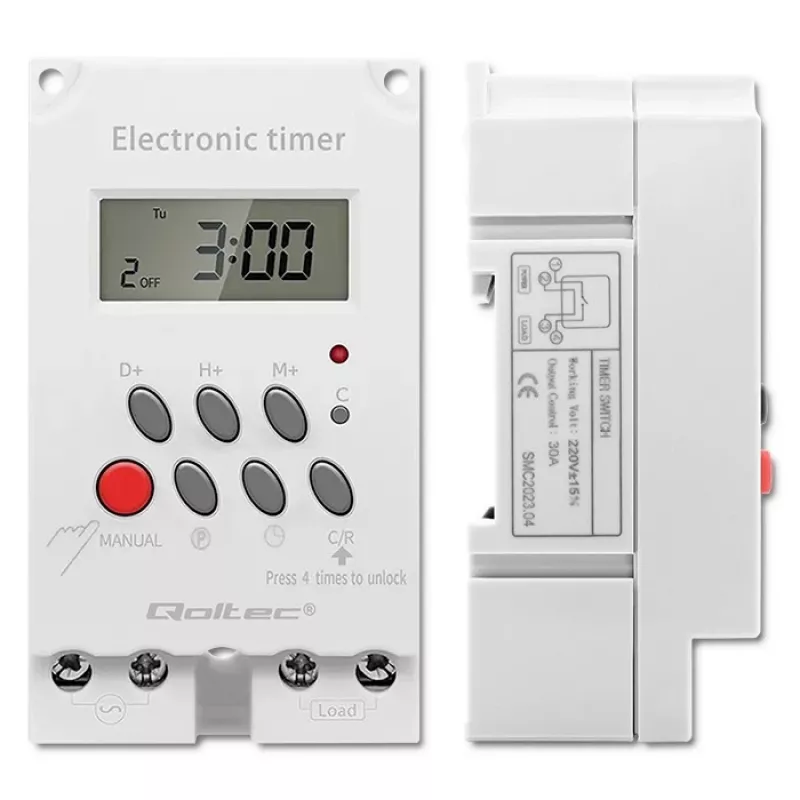 DIN-sliedes elektroniskais taimeris QOLTEC PC0629 — 24V barošana, 16A izeja