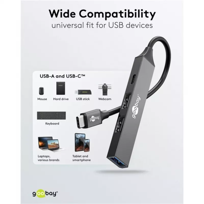 Goobay Slim 4 portu USB centrmezgls, USB-C™ uz USB-C™/USB-A, USB 3.2 (74459)