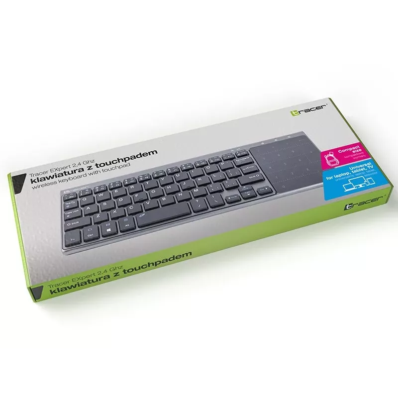 Bezvadu RF pilna izmēra tastatūra TRACER TRAKLA46934, QWERTY angļu, 2,4 GHz nano uztvērējs, membrāna, melna/pelēka