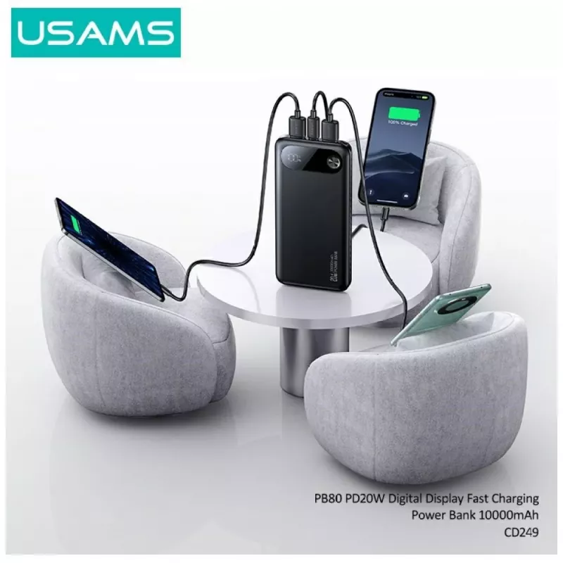 Ārējais akumulators usams PB80 PD20W 10000mAh — pārnēsājams lādētājs, melns
