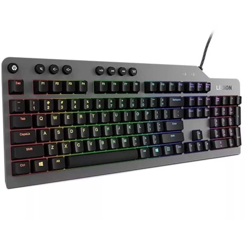 Mehāniskā spēļu tastatūra Lenovo Legion K500 — pilna izmēra 104 taustiņu USB, QWERTY ASV angļu, RGB fona apgaismojums, pelēka/melna