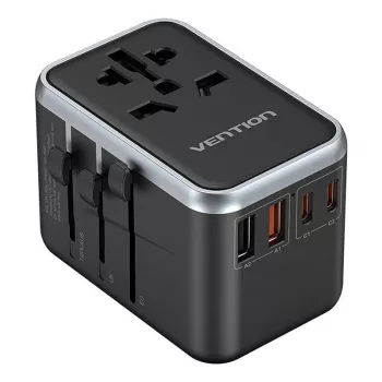 Vention ceļojumu barošanas adapteris FJFB0 65W — 2× USB-C PD/PPS, 2× USB-A (QC/BC), HDMI izeja, alumīnijs/melns