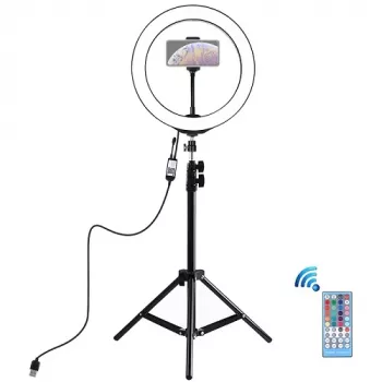 LED gredzena gaisma 26 cm ar statīvu līdz 1,1 m un telefona turētāju, USB
