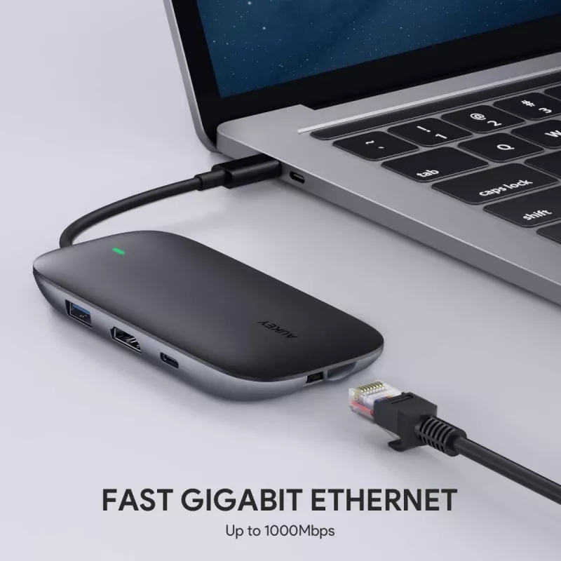 Klēpjdatora dokstacija AUKEY CB-C71 — 3x USB‑C (USB 3.2 Gen1), HDMI, RJ‑45, MicroSD, USB PD 100W, 0,15 m kabelis, melna